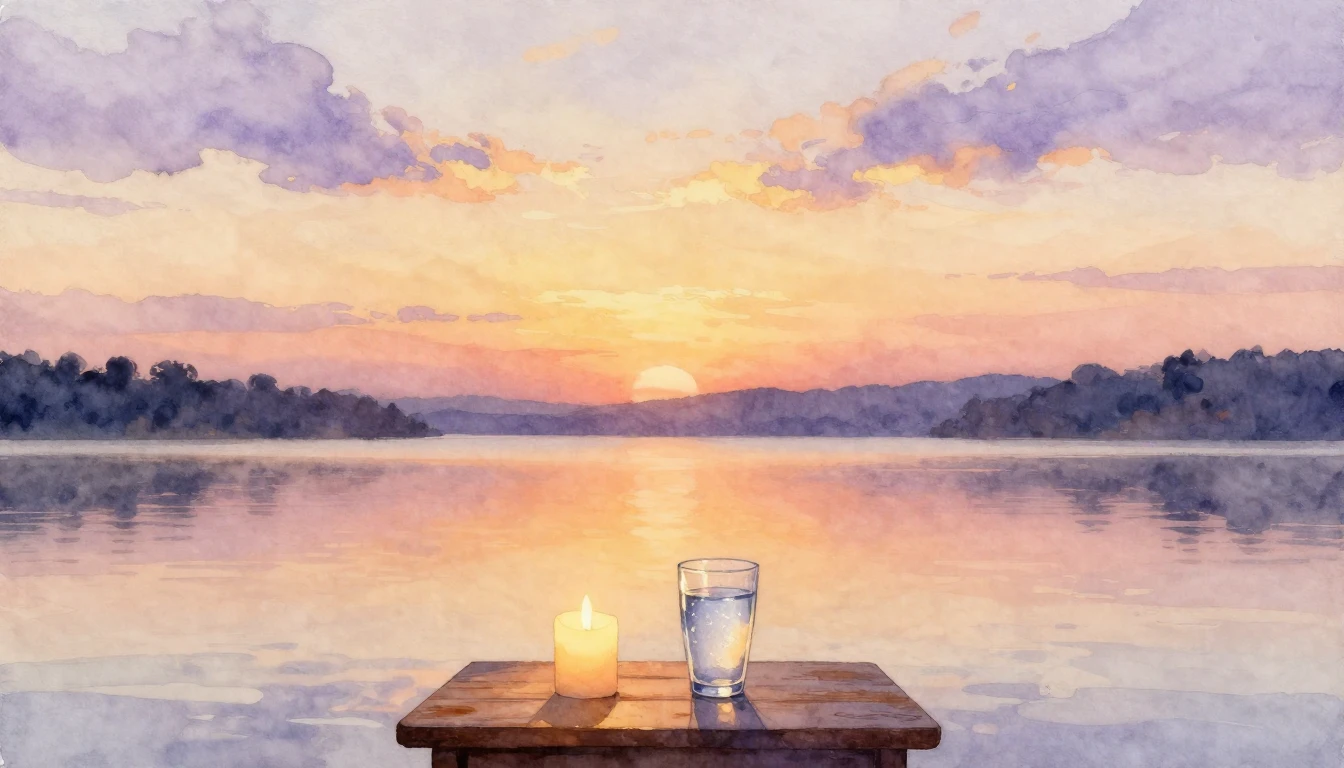 A beautiful watercolor painting of a serene sunset over a ca...