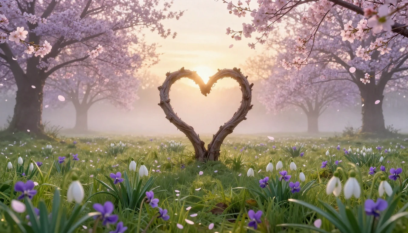 A breathtaking landscape of a blooming meadow at dawn during...