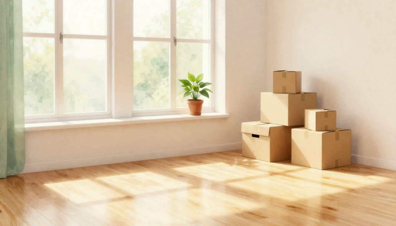 A cozy, sun-drenched empty living room with large windows. S...