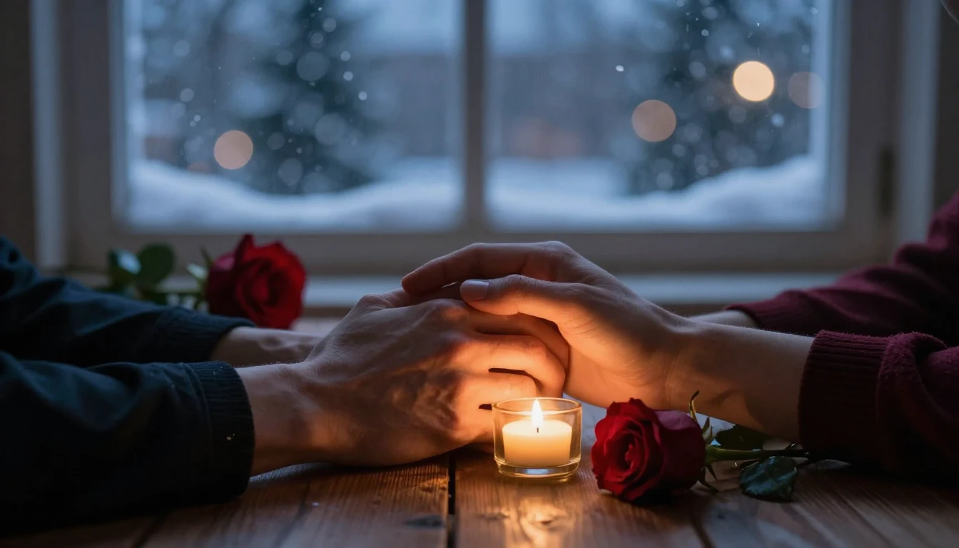 A romantic close-up scene at twilight. Two hands holding eac...