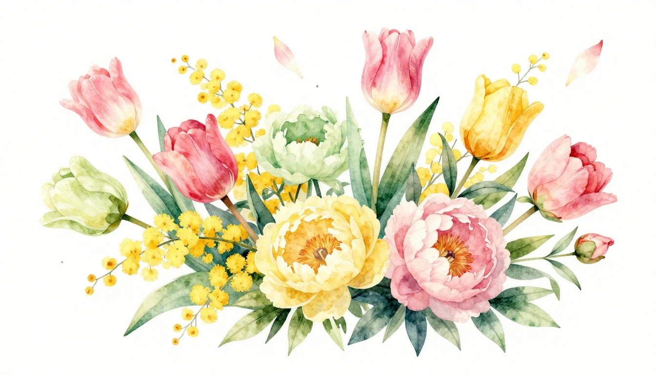 A beautiful watercolor painting of a vibrant bouquet of spri...