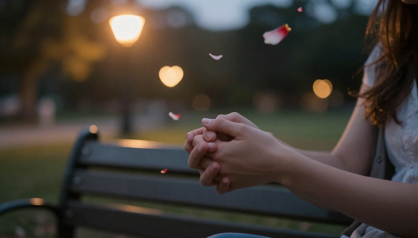 A romantic close-up scene of a couple holding hands on a par...