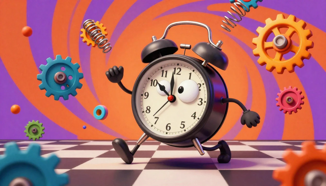 A vibrant and chaotic scene featuring a large, melting alarm...