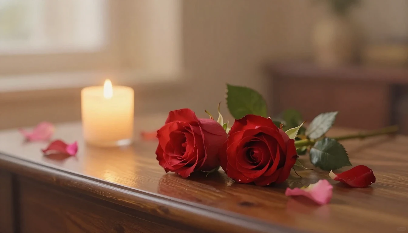 A delicate and ethereal scene featuring two intertwined red ...