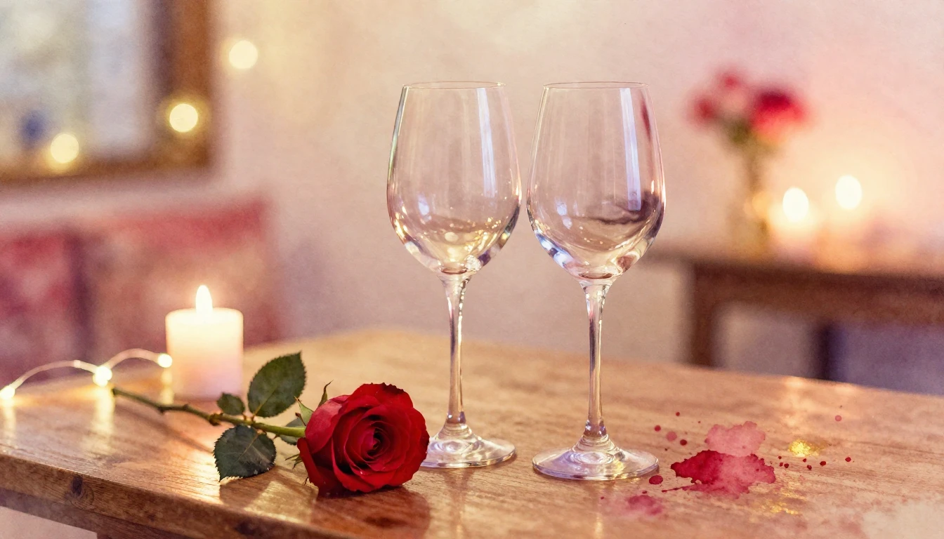 A soft watercolor painting of two elegant wine glasses stand...