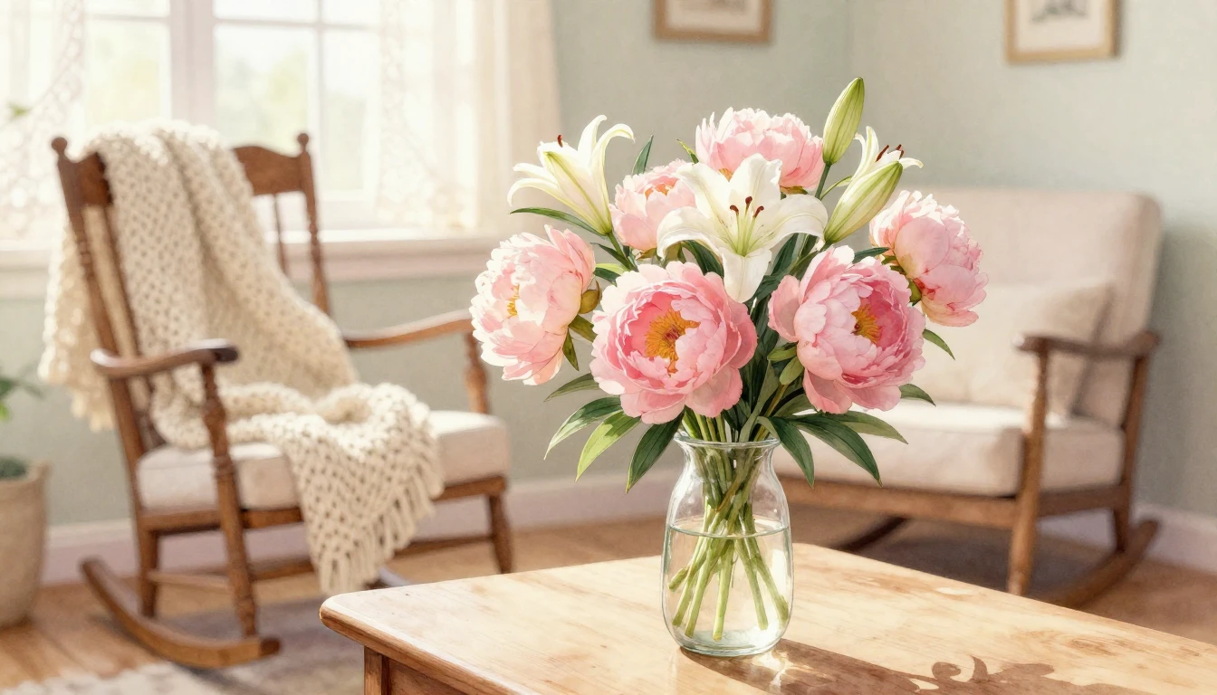A beautiful watercolor painting of a cozy sunlit living room...