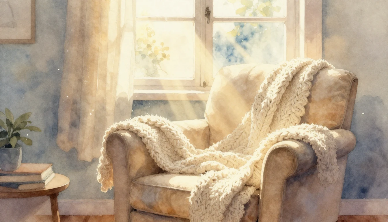 A soft watercolor painting of a cozy, sun-drenched room duri...