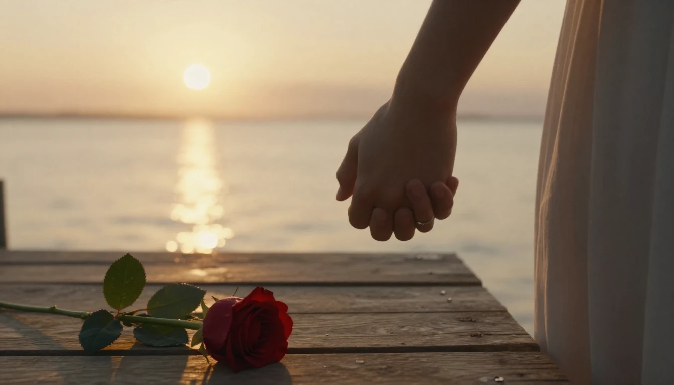 A romantic cinematic close-up shot of a couple holding hands...