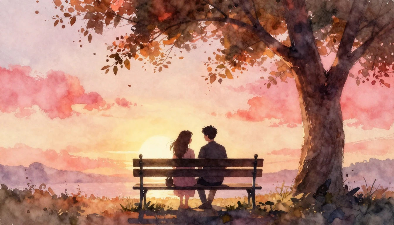 A romantic and dreamy watercolor painting depicting two silh...