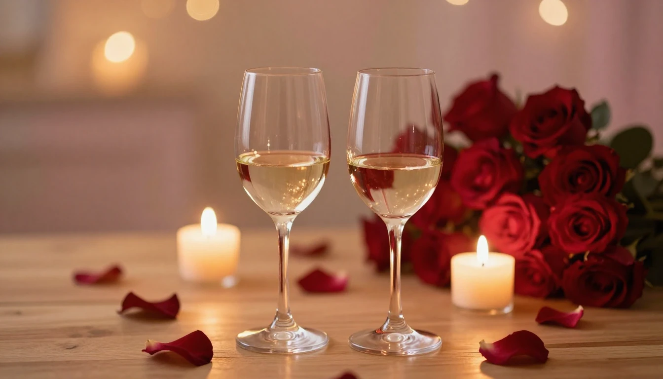 A romantic and dreamy scene featuring two elegant wine glass...