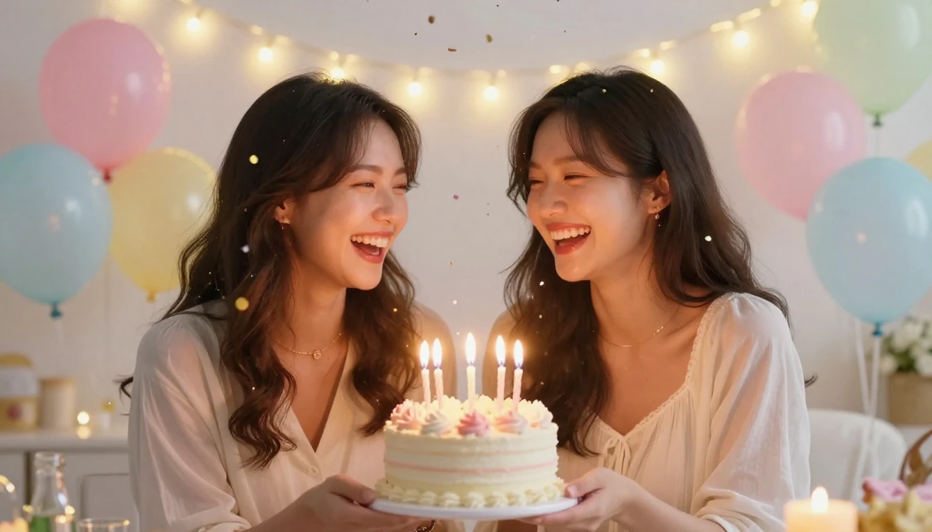 A heartwarming and festive scene of two young women laughing...