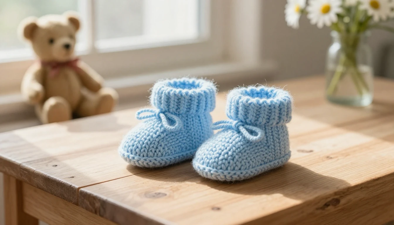 A pair of tiny, pastel blue knitted baby booties sitting on ...