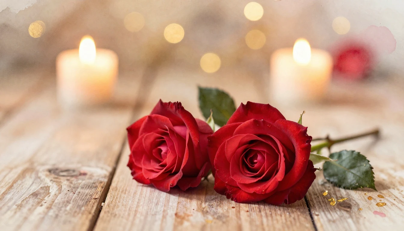 A soft watercolor painting of two delicate red roses intertw...