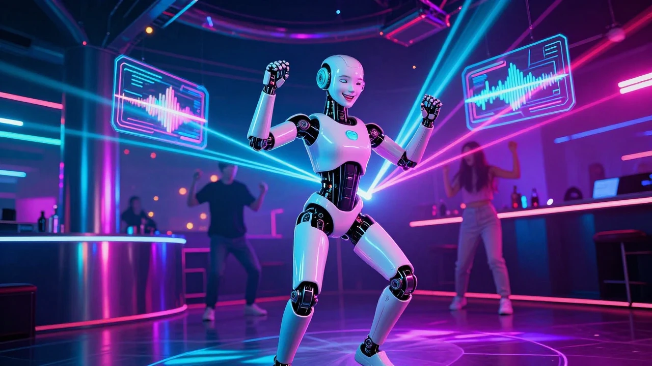 A vibrant and joyful futuristic dance club scene featuring a...