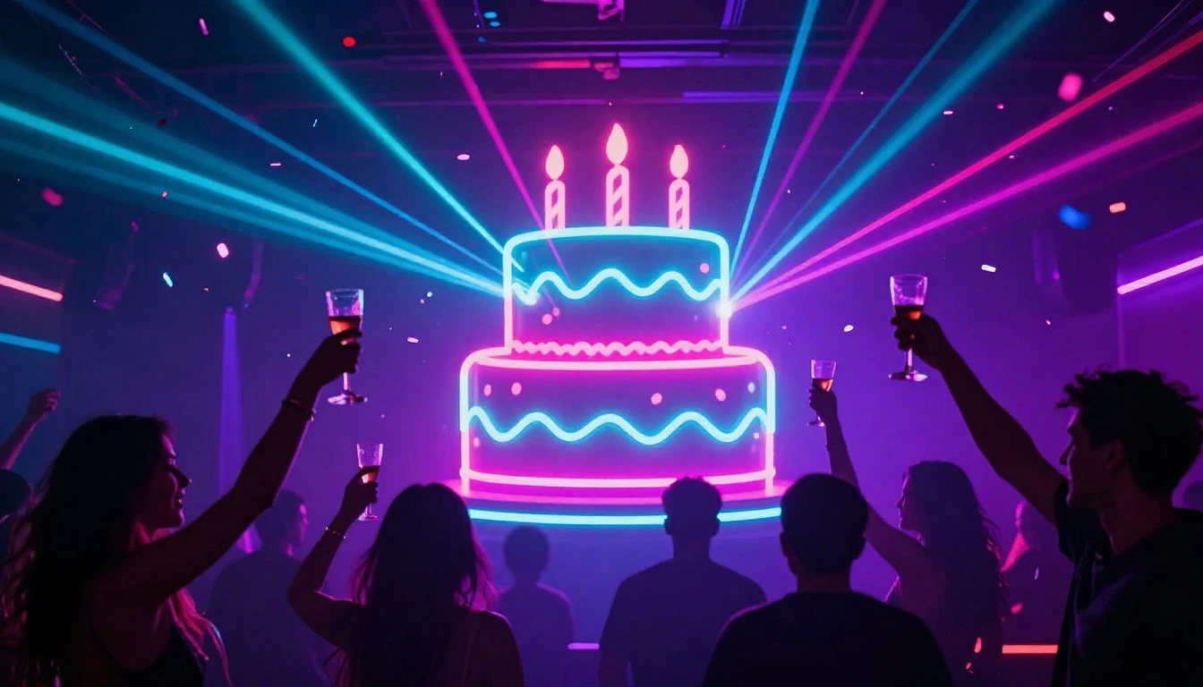 A vibrant and electric party scene centered around a stylize...