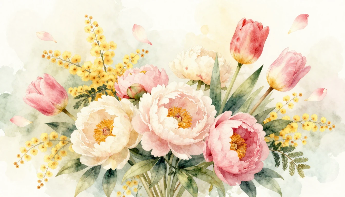 A beautiful watercolor illustration of a lush bouquet featur...