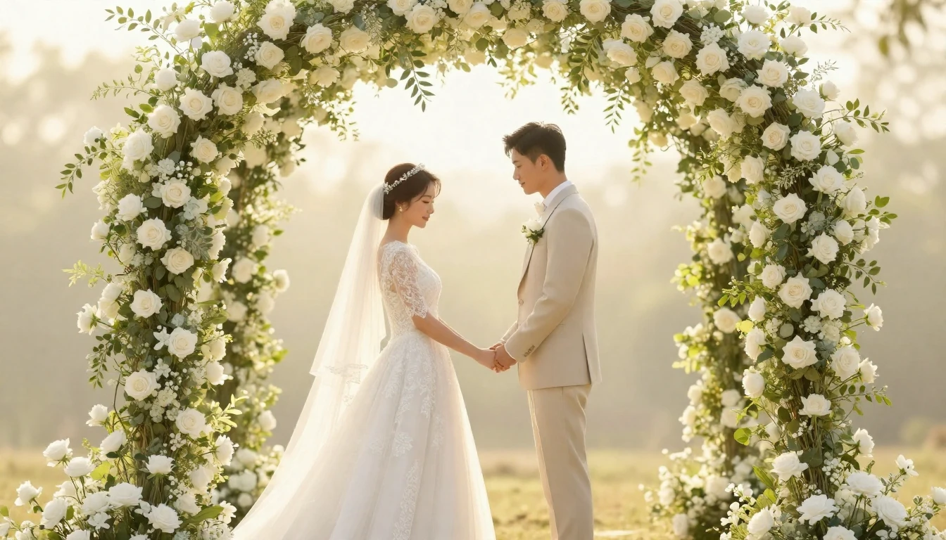 A romantic wedding scene featuring a bride and groom holding...
