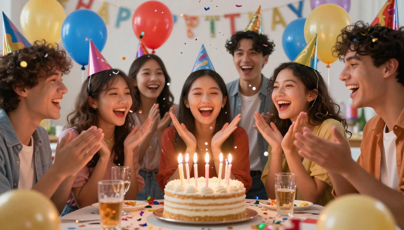 A vibrant and colorful birthday party scene, focusing on a g...