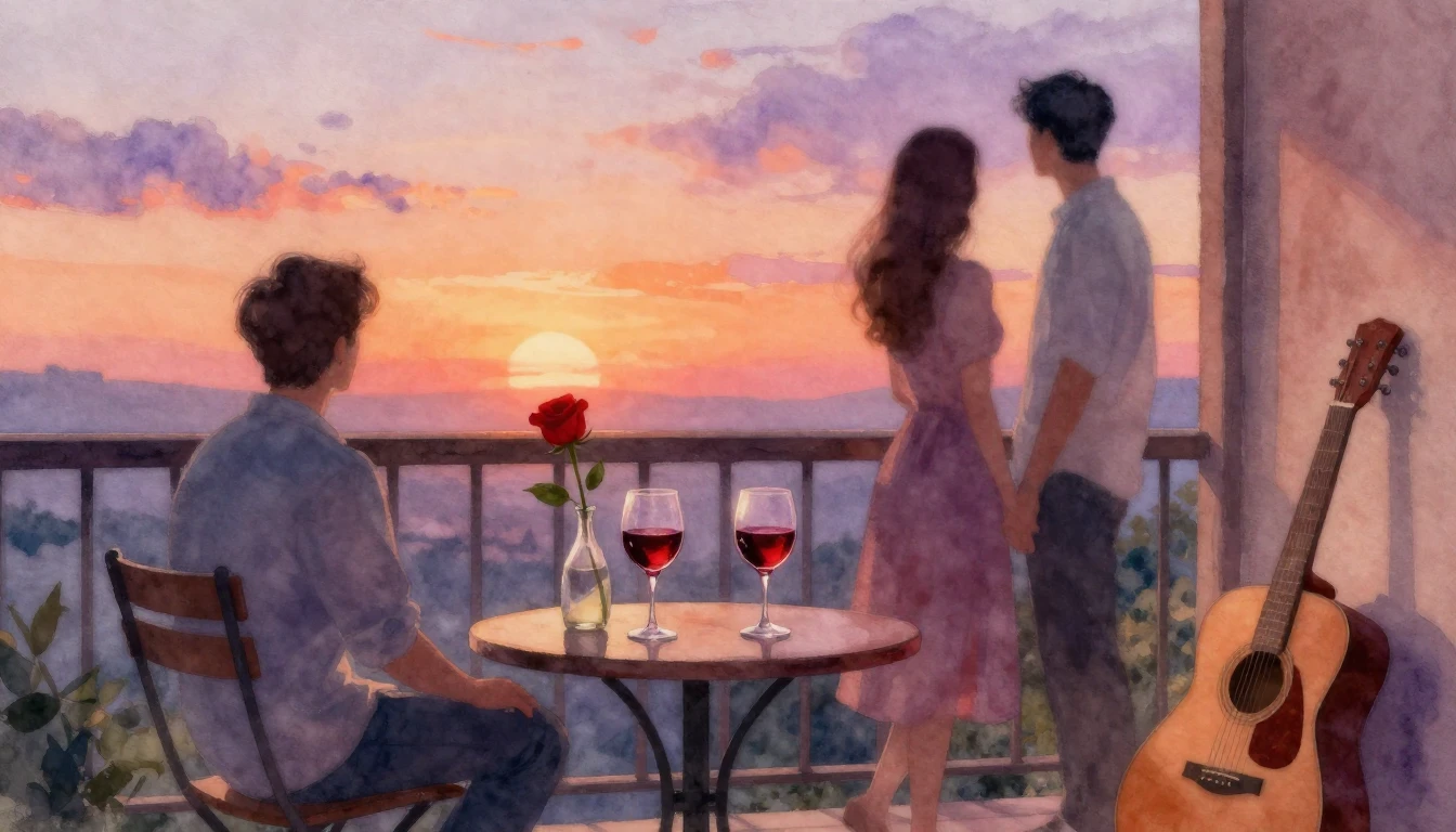 A romantic scene painted in soft watercolor style. A cozy ba...