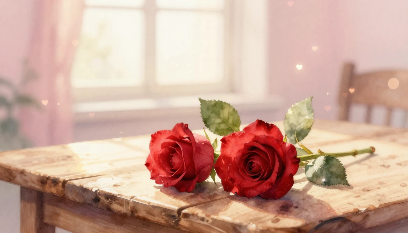 A dreamy watercolor painting of two delicate red roses inter...