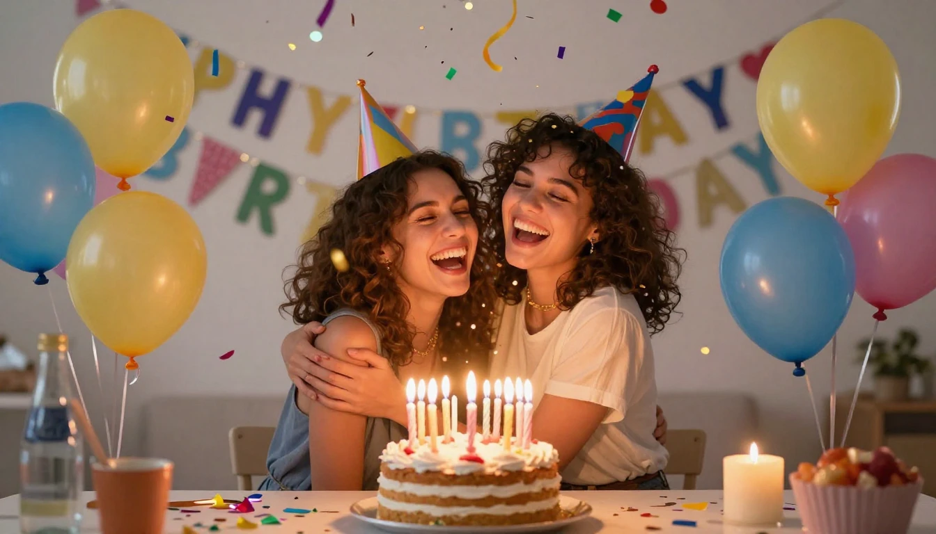 A festive birthday celebration scene with colorful balloons,...