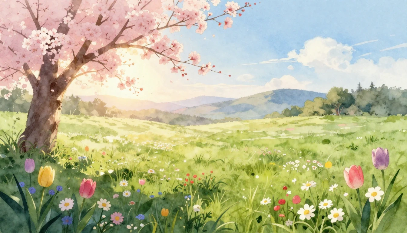 A beautiful watercolor painting of a lush green meadow at su...