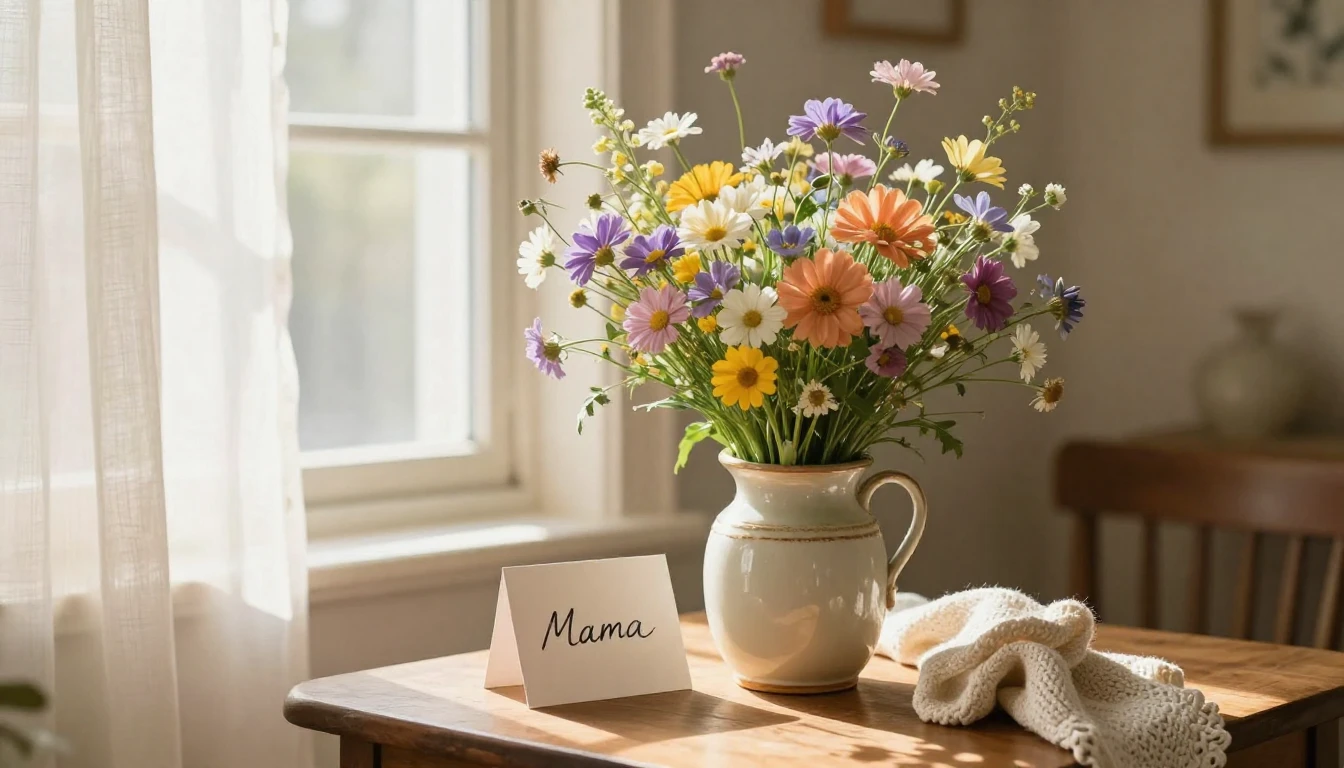 A warm and cozy scene featuring a beautiful bouquet of wildf...