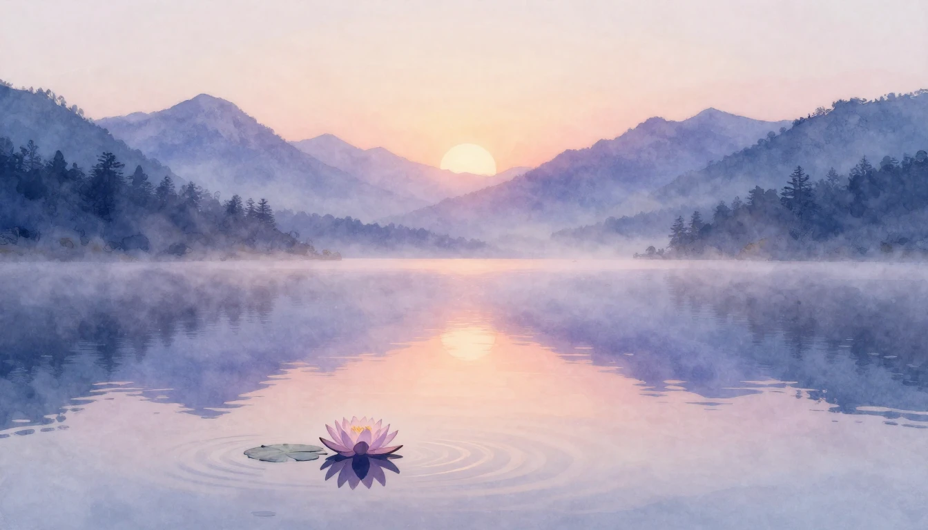 A serene watercolor painting of a still mountain lake at daw...