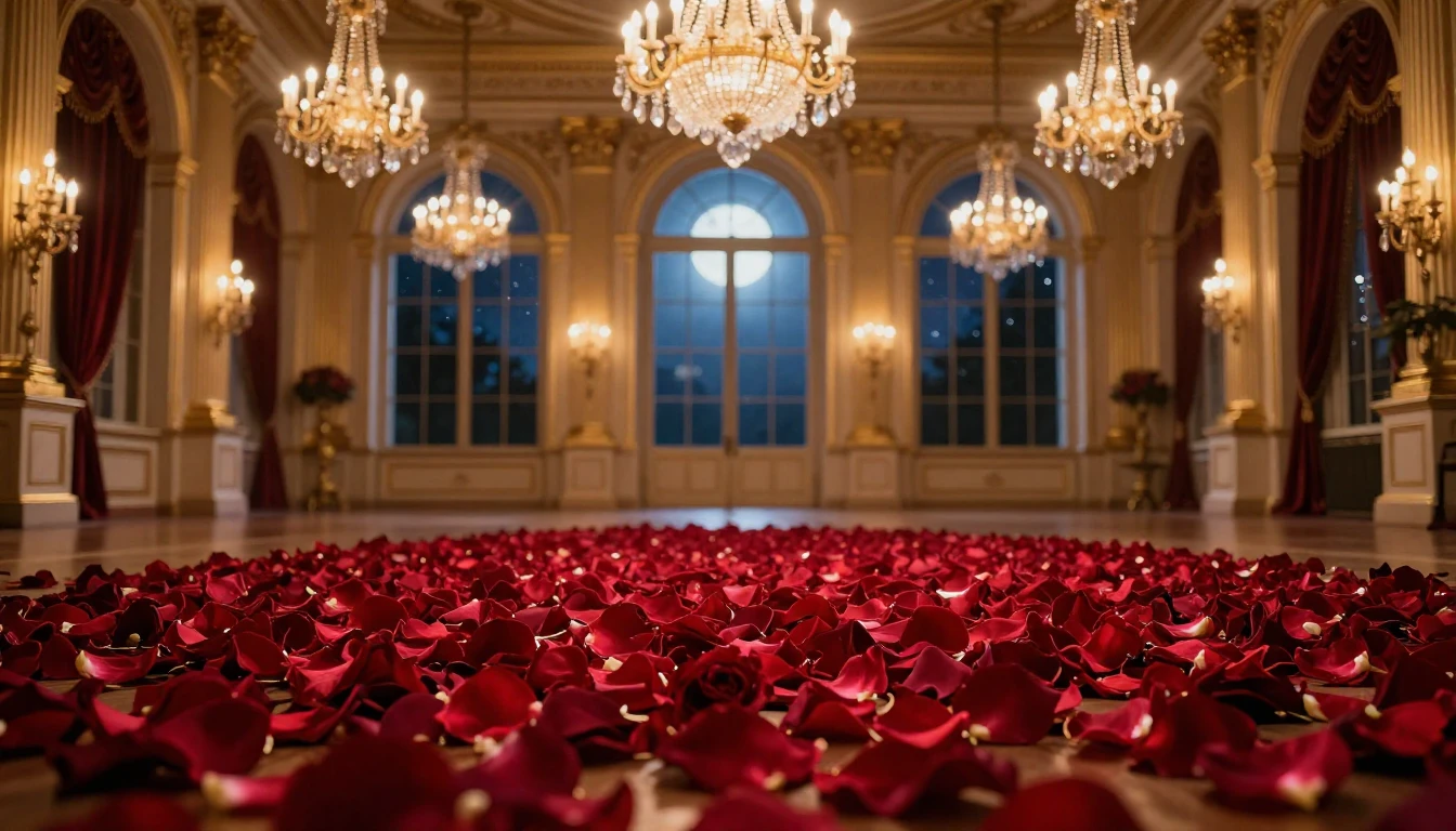 A breathtaking cinematic scene of a grand ballroom at twilig...
