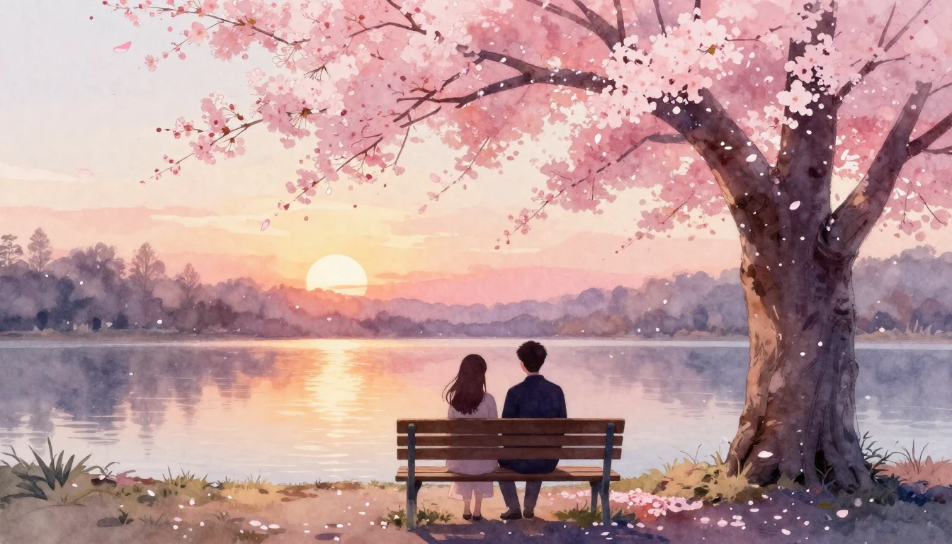 A beautiful watercolor painting of two silhouettes sitting o...