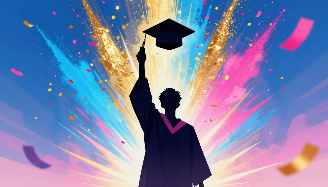 A vibrant and energetic digital artwork symbolizing graduati...
