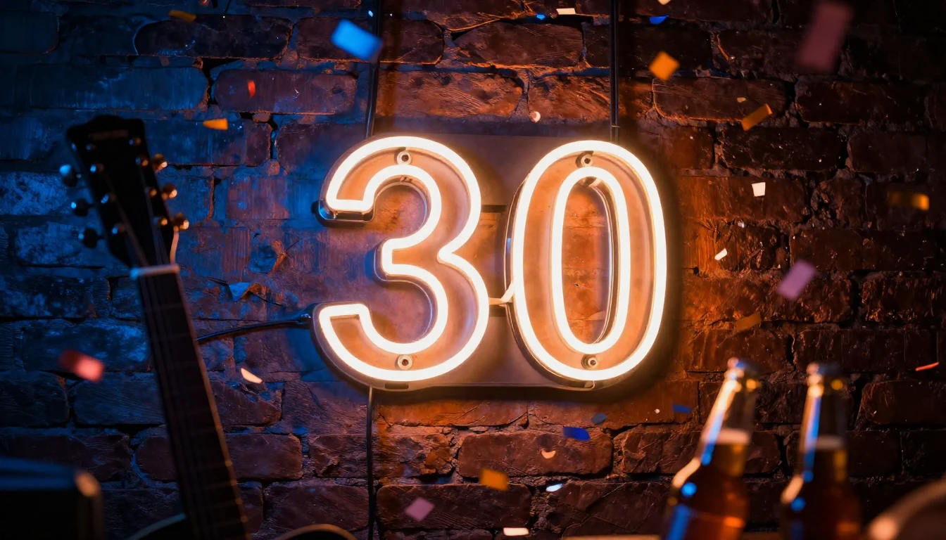 A glowing neon sign displaying the number 30 attached to a d...