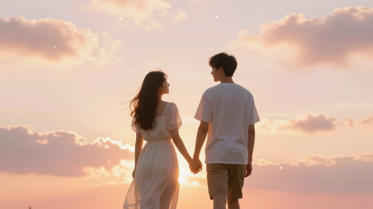 A romantic and tender scene with a soft golden hour glow. A ...