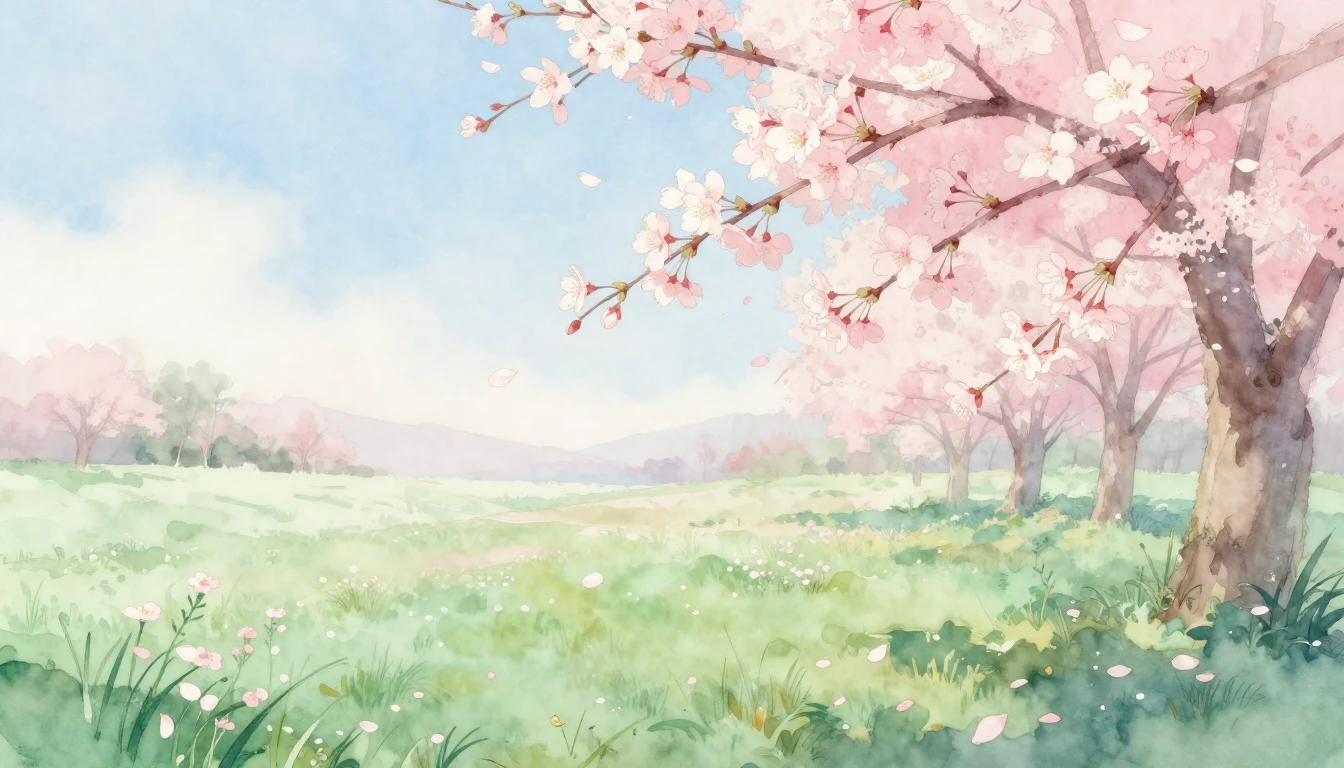 A serene spring landscape in a delicate watercolor style. So...