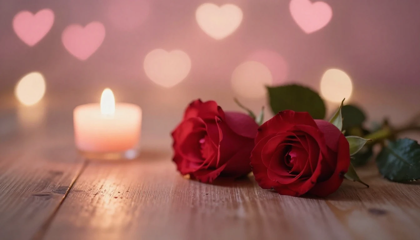 A soft and dreamy scene featuring two delicate red roses lyi...