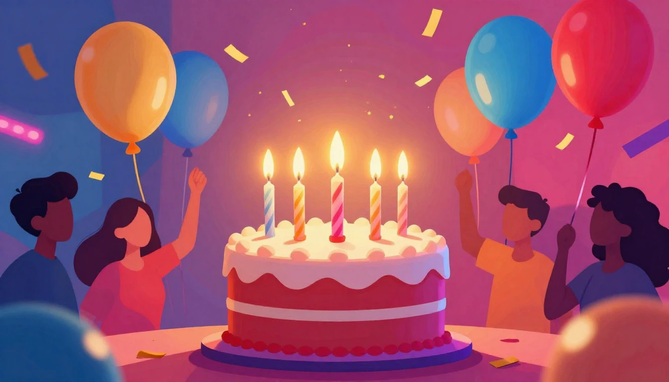 A vibrant and celebratory birthday concept art. In the cente...