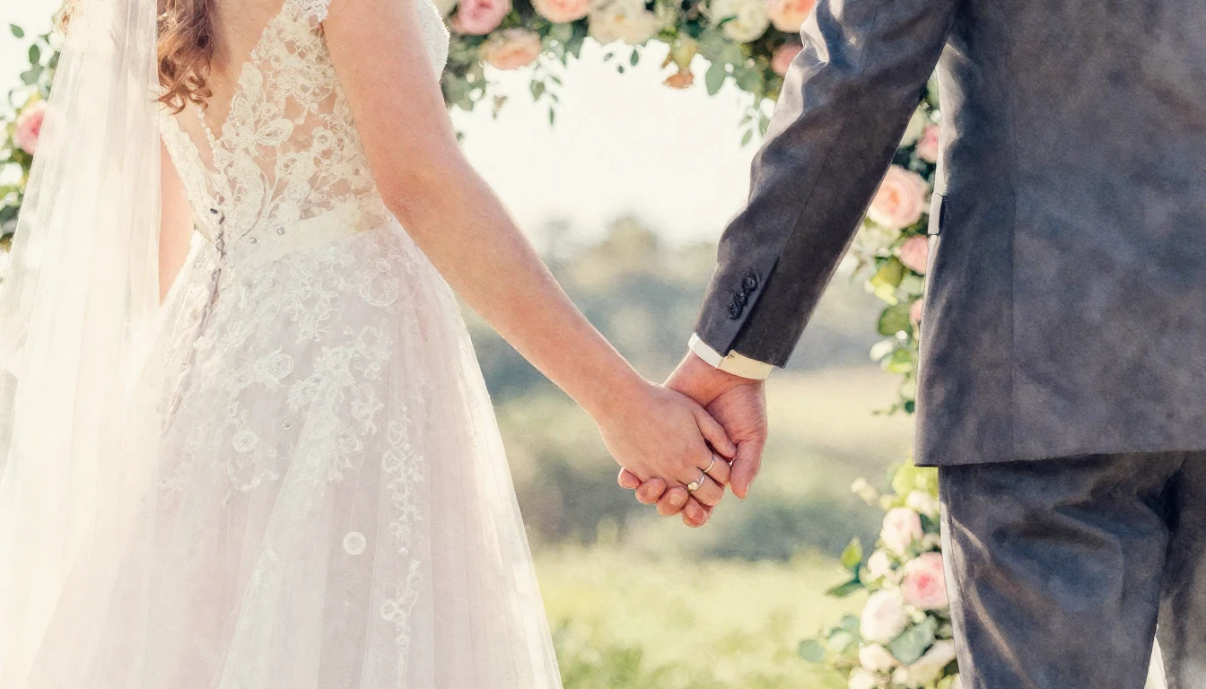 A romantic watercolor painting of a bride and groom holding ...