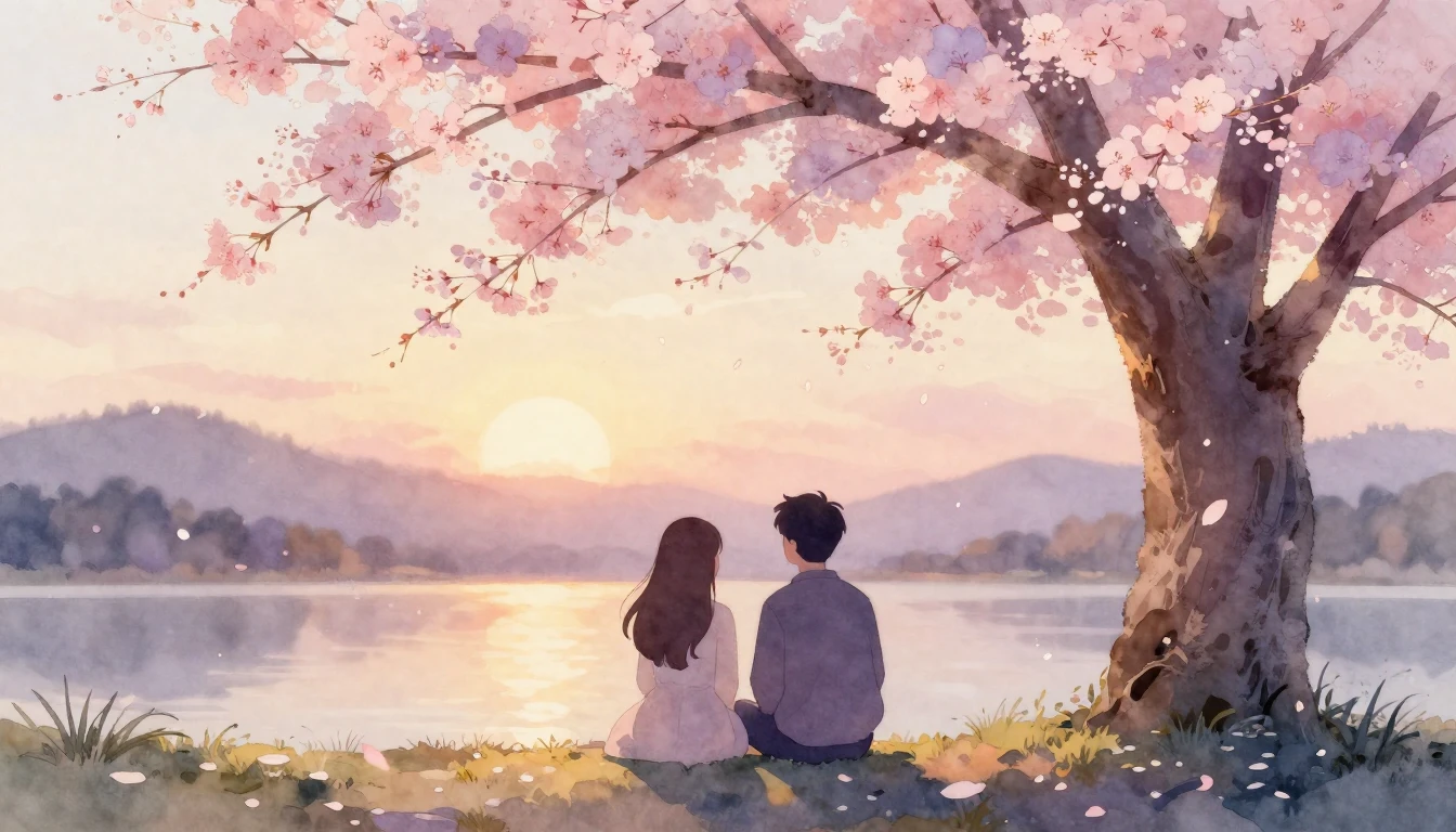 A delicate watercolor painting of two stylized silhouettes s...