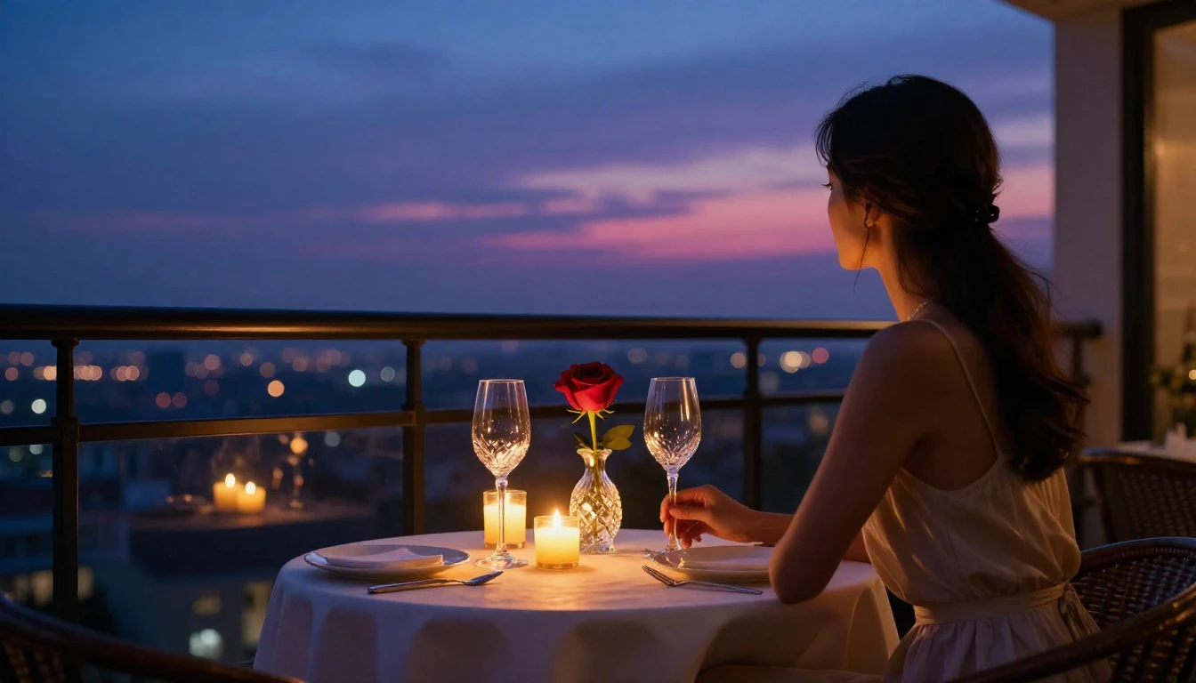 A breathtakingly romantic scene featuring a small table set ...