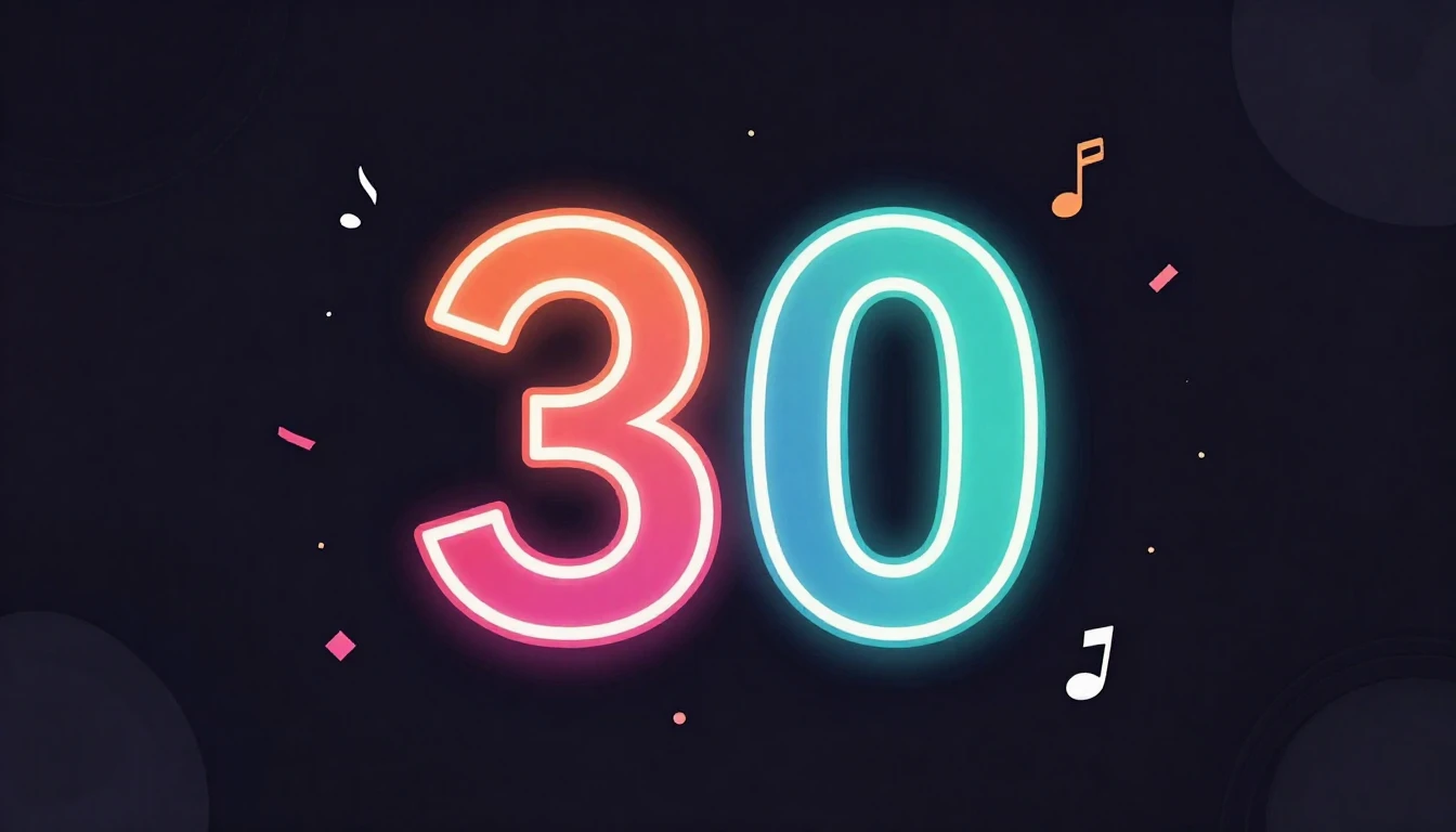 A minimalist illustration of a glowing number 30 in vibrant ...
