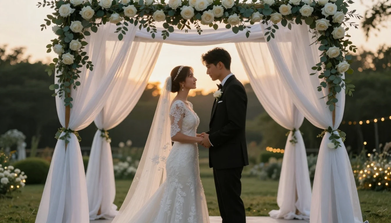 A cinematic, romantic wide shot of a bride and groom standin...