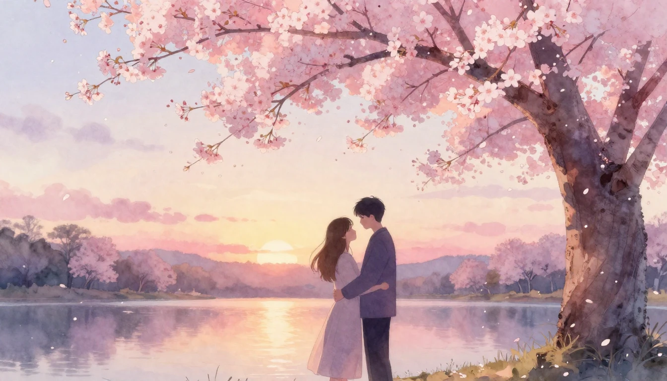 A dreamy watercolor painting of two intertwined silhouettes ...