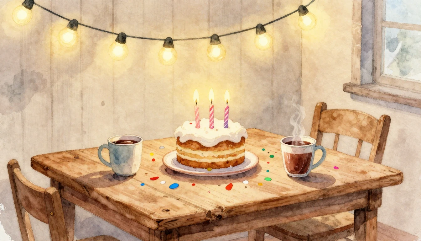 A heartwarming watercolor painting of a rustic wooden table ...