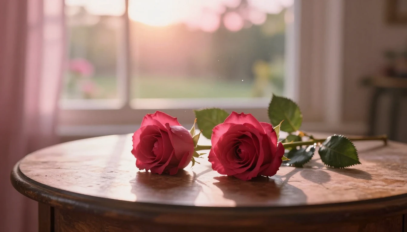 A dreamlike and ethereal scene featuring two delicate red ro...