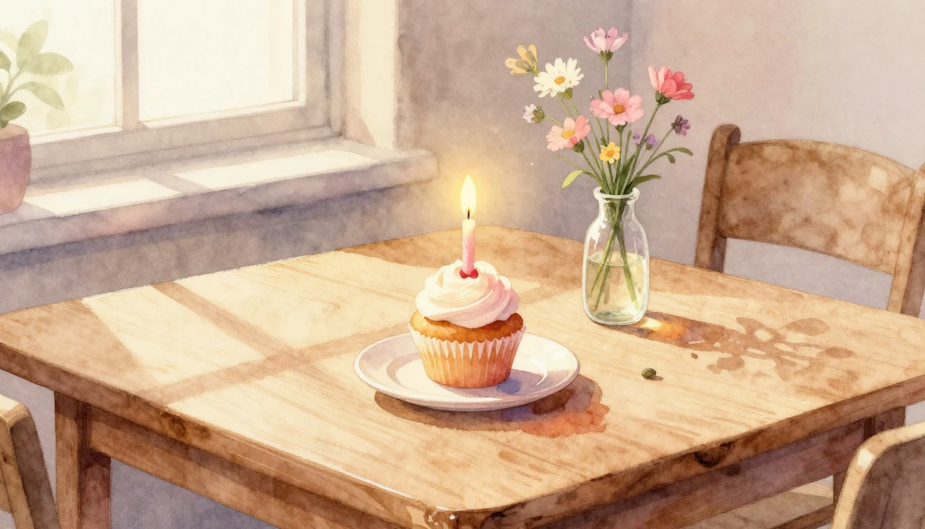 A soft watercolor painting of a cozy wooden table set for a ...