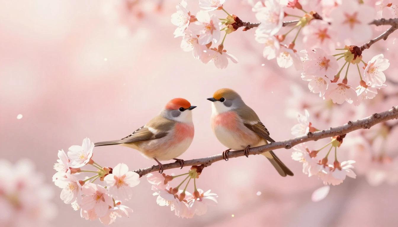 A beautiful and delicate scene featuring two stylized birds ...