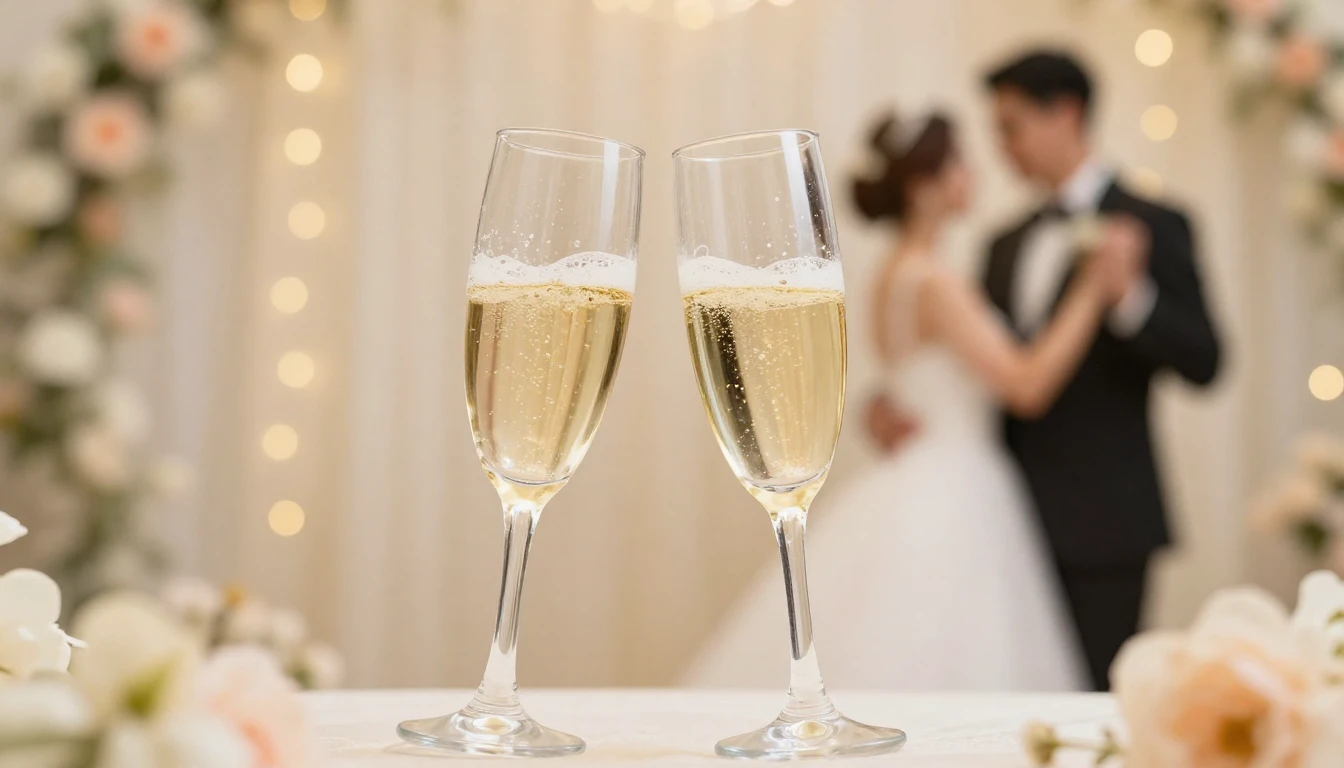 A romantic and elegant wedding scene, soft focus, two champa...