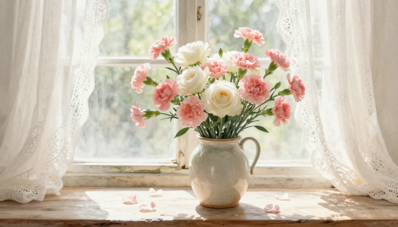 A soft watercolor painting of a beautiful bouquet of pink ca...