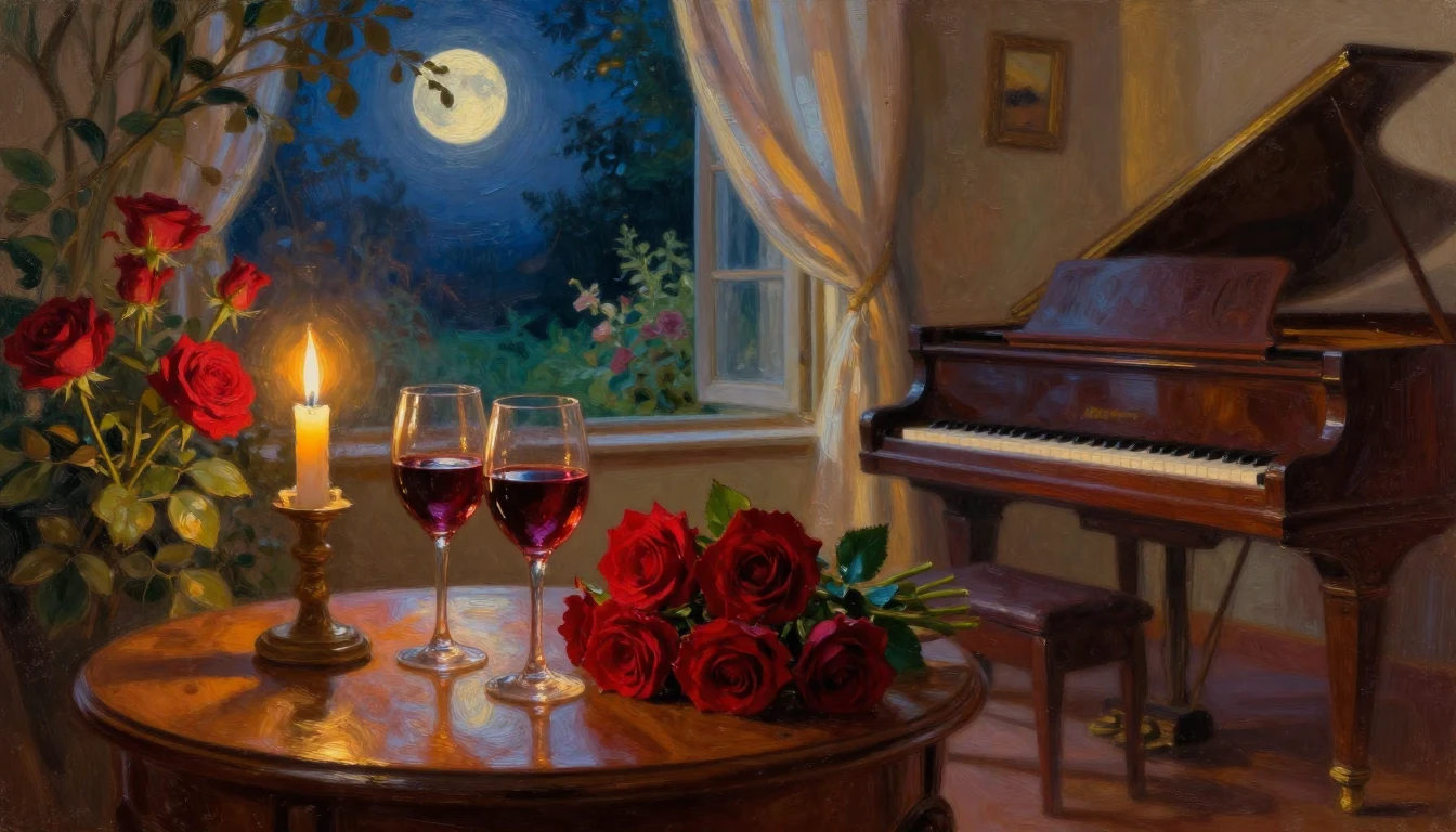 A lush oil painting of a cozy, candlelit room overlooking a ...