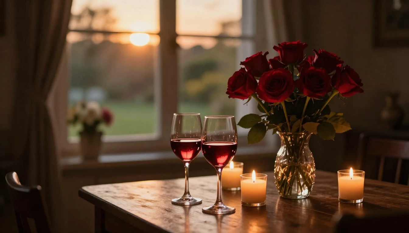 A cozy, dimly lit room during a golden sunset. On a wooden t...